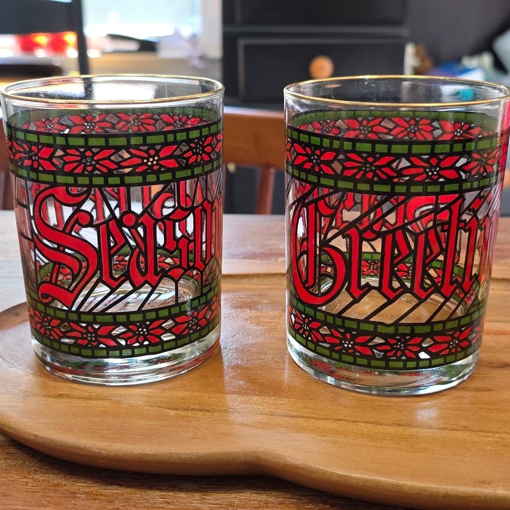 Vintage Houze Art Seasons Greetings Stained Glass Christmas Lowball Glass Set 2